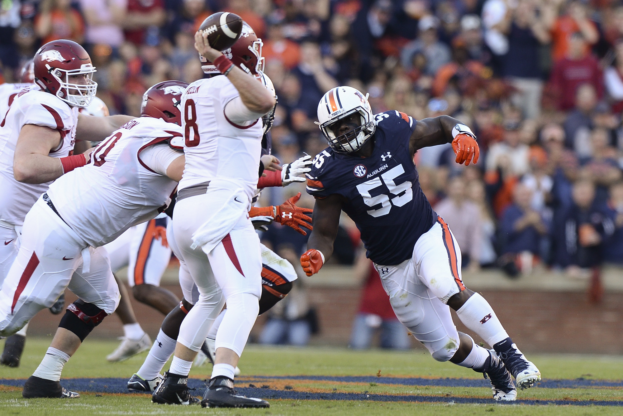 Carl Lawson (55). Auburn vs Arkansas on Saturday, Oct. 22, 2016. Dakota Sumpter/Auburn Athletics